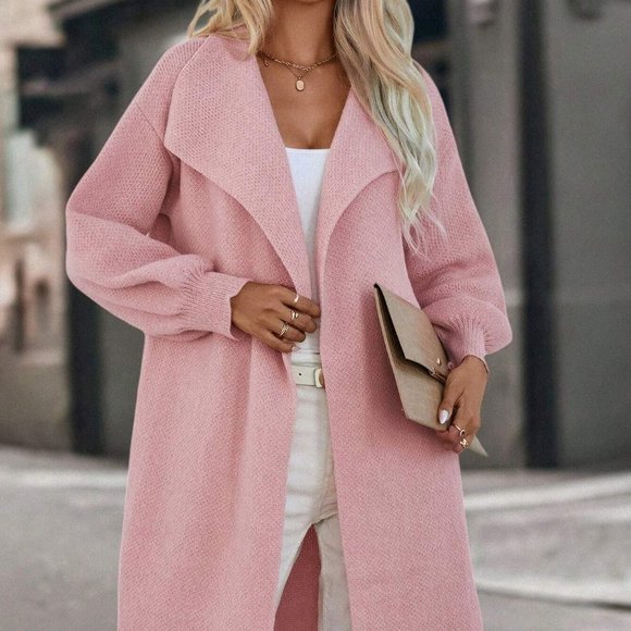 Pink Preppy Womens Waterfall Collar Open Front Drop Shoulder Cardigan - Picture 2 of 5